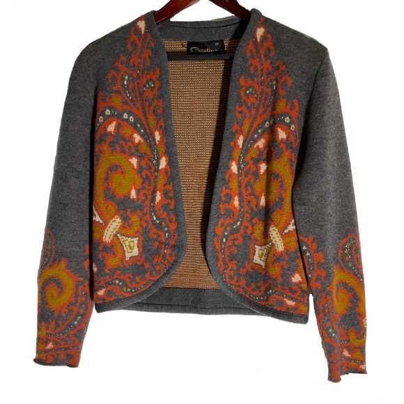 Catalina: Vintage Cardigan Sweater: Gray & Orange Paisley: EU 38: US size 6-8 M - Picture 1 of 16